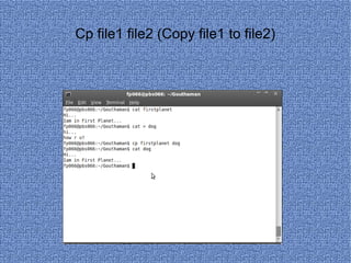 Cp file1 file2 (Copy file1 to file2) 