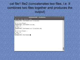 cat file1 file2 (concatenates two files, i.e. It combines two files together and produces the output) 