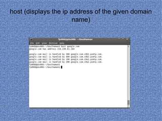 host (displays the ip address of the given domain name) 