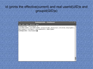 id (prints the effective(current) and real userid(UID)s and groupid(GID)s) 