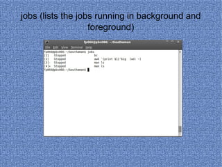 jobs (lists the jobs running in background and foreground) 