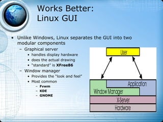 Works Better:
           Linux GUI

• Unlike Windows, Linux separates the GUI into two
  modular components
   – Graphical server
      • handles display hardware
      • does the actual drawing
      • “standard” is XFree86
   – Window manager
      • Provides the “look and feel”
      • Most common
          – Fvwm
          – KDE
          – GNOME
 