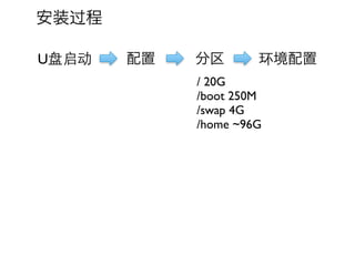 安装过程

U盘启动   配置   分区       环境配置
            / 20G
            /boot 250M
            /swap 4G
            /home ~96G
 