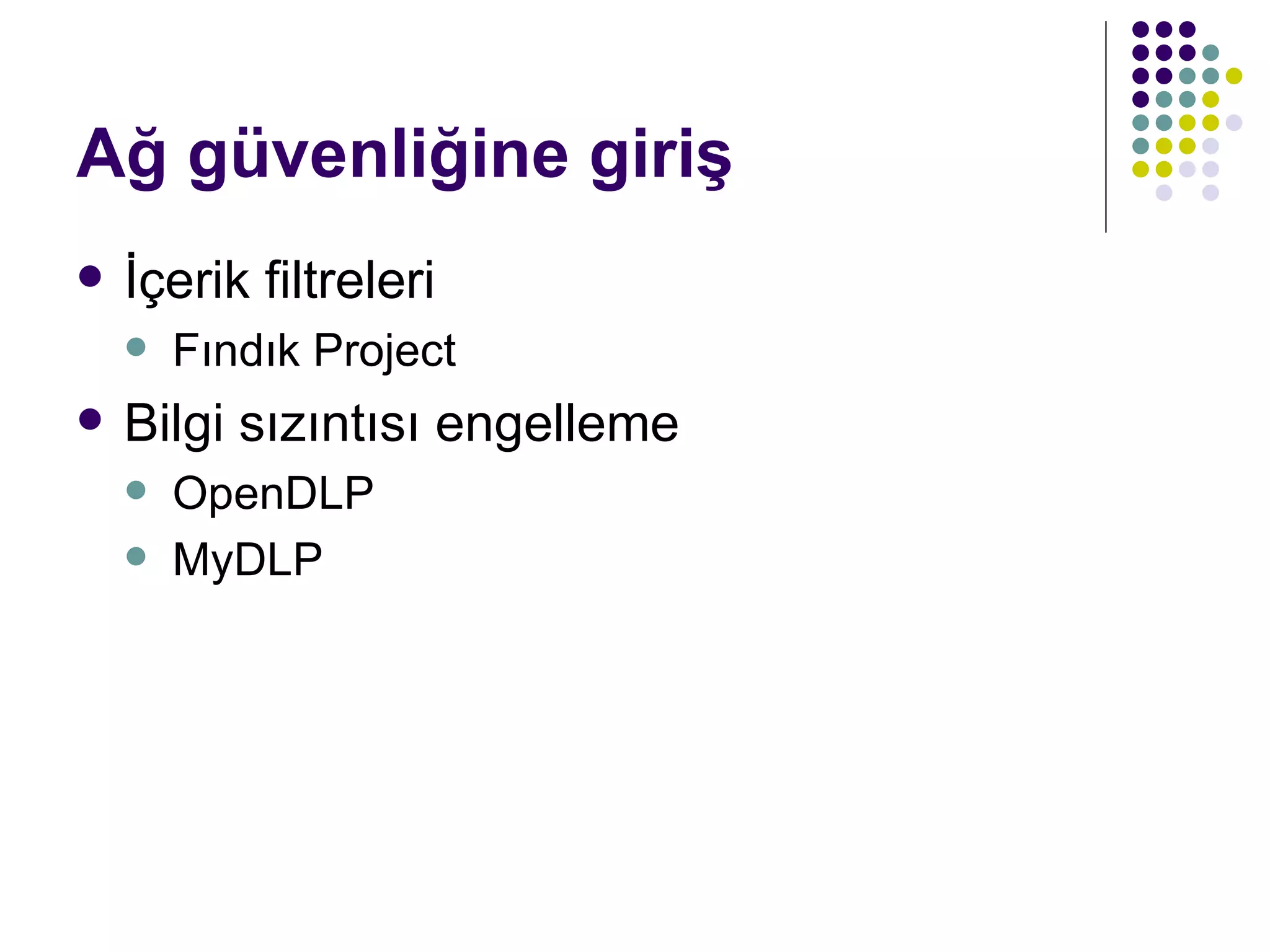 Ağ güvenliğine giriş İçerik filtreleri Fındık Project Bilgi sızıntısı engelleme OpenDLP MyDLP 