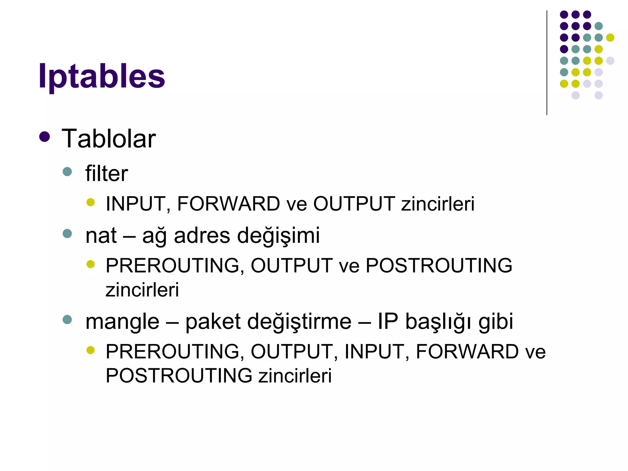 Iptables Tablolar filter INPUT, FORWARD ve OUTPUT zincirleri nat – ağ adres değişimi PREROUTING, OUTPUT ve POSTROUTING zincirleri mangle – paket değiştirme – IP başlığı gibi PREROUTING, OUTPUT, INPUT, FORWARD ve POSTROUTING zincirleri 