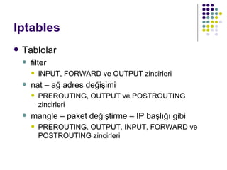Iptables Tablolar filter INPUT, FORWARD ve OUTPUT zincirleri nat – ağ adres değişimi PREROUTING, OUTPUT ve POSTROUTING zincirleri mangle – paket değiştirme – IP başlığı gibi PREROUTING, OUTPUT, INPUT, FORWARD ve POSTROUTING zincirleri 