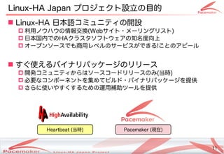 11
Copyright(c) 2011 Linux-HA Japan Project 11
Linux-HA Japan プロジェクトの設立の目的にフェイルオーバ
 Linux-HA 日本語コミュニティの開設コミュニティの開設
 利用ノウハウの情報交換(Keisuke MORI)Webサイトの・サポートメーリングリストの)
 日本国内におけるでのHAクラスタソフトのウェアです。の知名度向上
 オープンソースでも商用レベルのサービスが少し変わります！できる!ことのアです。ピール
 すぐ使えるバイナリパッケージのリリース使い方はどう変わるえるバイナリパッケージのリリース
 開発コミュニティコミュニティからはソースコードリリースのみ(Keisuke MORI)当時)
 必要なコンポーネントのを続ける集めてビルド・バイナリパッケージを提供めてビルド・バイナリパッケージを提供ビルド・サポートバイナリパッケージを続ける提供
 さらに使い方はどう変わるい方はどう変わるやすくするための運用補助ツールを提供ツールを続ける提供
Heartbeat (Keisuke MORI)当時) Pacemaker (Keisuke MORI)現在)
 
