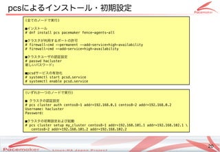 20
Copyright(c) 2011 Linux-HA Japan Project 20
pcsによるインストのール・サポート初の目的の一つ期設定も 
(全てのノードで実行ての監視・制御ノードで実行で実行実行)
■インスの監視・制御トール
# dnf install pcs pacemaker fence-agents-all
■クラスの監視・制御タが利用するポートの許可が利用するポートの許可利用するポートの許可するポートの許可ポートの監視・制御許可
# firewall-cmd --permanent --add-service=high-availability
# firewall-cmd --add-service=high-availability
■クラスの監視・制御タが利用するポートの許可ユーザの認証設定の監視・制御認証設定
# passwd hacluster
新しいパスワードしいパスワードパスの監視・制御ワードで実行:
■pcsdサービスの監視・制御の監視・制御有効化
# systemctl start pcsd.service
# systemctl enable pcsd.service
(いパスワードずれか一つ一つつの監視・制御ノードで実行で実行実行)
■ クラスの監視・制御タが利用するポートの許可の監視・制御認証設定
# pcs cluster auth centos8-1 addr=192.168.0.1 centos8-2 addr=192.168.0.2
Username: hacluster
Password:
■クラスの監視・制御タが利用するポートの許可の監視・制御初期設定および起動起動
# pcs cluster setup my_cluster centos8-1 addr=192.168.101.1 addr=192.168.102.1 
centos8-2 addr=192.168.101.2 addr=192.168.102.2
 