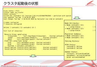 24
Copyright(c) 2011 Linux-HA Japan Project 24
クラスタ起動後の状態となる場合あり
# pcs status --full
Cluster name: my_cluster
Stack: corosync
Current DC: centos8-1 (1) (version 2.0.1-4.el8-0eb7991564) - partition with quorum
Last updated: Tue Sep 3 16:56:42 2019
Last change: Tue Sep 3 16:55:45 2019 by hacluster via crmd on centos8-1
2 nodes configured
7 resources configured
Online: [ centos8-1 (1) centos8-2 (2) ]
Full list of resources:
Resource Group: pgsql-group
filesystem1 (ocf::heartbeat:Filesystem): Started centos8-1
ipaddr (ocf::heartbeat:IPaddr2): Started centos8-1
pgsql (ocf::heartbeat:pgsql): Started centos8-1
Clone Set: ping-clone [ping]
ping (ocf::pacemaker:ping): Started centos8-2
ping (ocf::pacemaker:ping): Started centos8-1
Started: [ centos8-1 centos8-2 ]
fence1-ipmilan (stonith:fence_ipmilan): Started centos8-2
fence2-ipmilan (stonith:fence_ipmilan): Started centos8-1
Node Attributes:
* Node centos8-1 (1):
+ ping-status : 1
* Node centos8-2 (2):
+ ping-status : 1
Migration Summary:
* Node centos8-2 (2):
* Node centos8-1 (1):
Fencing History:
PCSD Status:
centos8-1: Online
centos8-2: Online
Daemon Status:
corosync: active/disabled
pacemaker: active/disabled
pcsd: active/enabled
 
