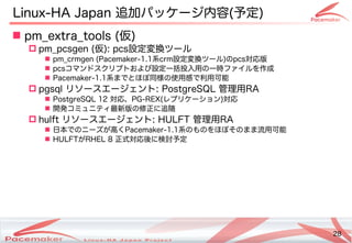 28
Copyright(c) 2011 Linux-HA Japan Project 28
Linux-HA Japan 追加パッケージ内における容は (Keisuke MORI)予定も )
 pm_extra_tools (Keisuke MORI)仮)
 pm_pcsgen (Keisuke MORI)仮): pcs設定も 変わります！換ツール
 pm_crmgen (Keisuke MORI)Pacemaker-1.1系crm設定も 変わります！換ツール)のpcs対応版
 pcsコマンドスクリプトのおよび設定一括投入用の一時ファイルを作成設定も 一括投入用の一時ファイルを続ける作成などによる
 Pacemaker-1.1系までとほぼ同様の使用感で利用可能同様の使用感で利用可能の使い方はどう変わる用感で利用可能で利用可能
 pgsql リソースエージェントの: PostgreSQL 管理コマンド用RA
 PostgreSQL 12 対応、PG-REX(Keisuke MORI)レプリケーション)対応
 開発コミュニティコミュニティ最新版の修正に追随
 hulft リソースエージェントの: HULFT 管理コマンド用RA
 日本でのニーズが高くが少し変わります！高くPacemaker-1.1系のものを続けるほぼ同様の使用感で利用可能そのまま流用可能
 HULFTが少し変わります！RHEL 8 正式対応後に検討予定も 
 
