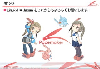 35
Copyright(c) 2011 Linux-HA Japan Project 35
おわり
 Linux-HA Japan を続けるこれからもよろし変わります！くお願いしますい方はどう変わるし変わります！ます!
 