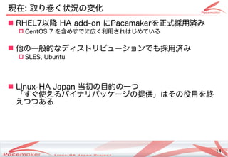 14
Copyright(c) 2011 Linux-HA Japan Project 14
現在: 取り巻く状況の変化り巻く状況の変化く状況の変化の変わります！化を続ける
 RHEL7以降 HA add-on にPacemakerを続ける正...