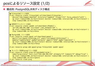 22
Copyright(c) 2011 Linux-HA Japan Project 22
pcsによるリソース設定も  (Keisuke MORI)1/2)
■ Filesystemリソースの監視・制御設定
# pcs resource c...