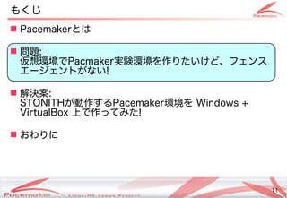 11
Copyright(c) 2011 Linux-HA Japan Project 11
 Pacemakerとは
 問題:
仮想環境でPacmaker実験環境を作りたいけど、フェンス
エージェントがない!
 解決案:
STONITHが動作するPacemaker環境を Windows +
VirtualBox 上で作ってみた!
 おわりに
もくじ
 