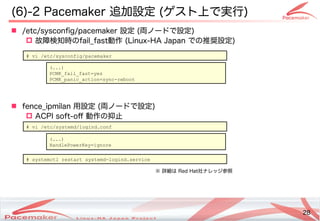 28
Copyright(c) 2011 Linux-HA Japan Project 28
(6)-2 Pacemaker 追加設定 (ゲスト上で実行)
 /etc/sysconfig/pacemaker 設定 (両ノードで設定)
 故障検知時のfail_fast動作 (Linux-HA Japan での推奨設定)
 fence_ipmilan 用設定 (両ノードで設定)
 ACPI soft-off 動作の抑止
# vi /etc/sysconfig/pacemaker
(...)
PCMK_fail_fast=yes
PCMK_panic_action=sync-reboot
# vi /etc/systemd/logind.conf
(...)
HandlePowerKey=ignore
# systemctl restart systemd-logind.service
※ 詳細は Red Hat社ナレッジ参照
 