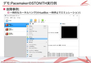 32
Copyright(c) 2011 Linux-HA Japan Project 32
デモ:PacemakerのSTONITH実行例
 故障事例:
 一時的なカーネルハング(VirtualBox 一時停止でエミュレーション)
 