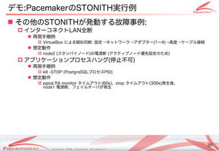 35
Copyright(c) 2011 Linux-HA Japan Project 35
デモ:PacemakerのSTONITH実行例
 その他のSTONITHが発動する故障事例:
 インターコネクトLAN全断
 再現手順例
 VirtualBox による疑似切断: 設定→ネットワーク→アダプター(1～4)→高度→ケーブル接続
 想定動作
 node2 (スタンバイノード)の電源断 (アクティブノード優先設定のため)
 アプリケーションプロセスハング(停止不可)
 再現手順例
 kill -STOP (PostgreSQLプロセスPID)
 想定動作
 pgsql RA monitor タイムアウト(60s)、stop タイムアウト(300s)発生後、
node1 電源断、フェイルオーバが発生
 