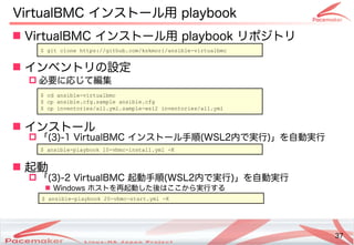 37
Copyright(c) 2011 Linux-HA Japan Project 37
VirtualBMC インストール用 playbook
 VirtualBMC インストール用 playbook リポジトリ
 インベントリの設定
 必要に応じて編集
 インストール
 「(3)-1 VirtualBMC インストール手順(WSL2内で実行)」を自動実行
 起動
 「(3)-2 VirtualBMC 起動手順(WSL2内で実行)」を自動実行
 Windows ホストを再起動した後はここから実行する
$ git clone https://github.com/kskmori/ansible-virtualbmc
$ cd ansible-virtualbmc
$ cp ansible.cfg.sample ansible.cfg
$ cp inventories/all.yml.sample-wsl2 inventories/all.yml
$ ansible-playbook 10-vbmc-install.yml -K
$ ansible-playbook 20-vbmc-start.yml -K
 