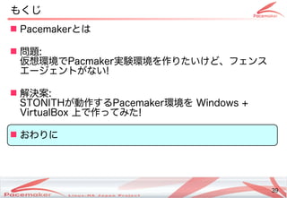 39
Copyright(c) 2011 Linux-HA Japan Project 39
 Pacemakerとは
 問題:
仮想環境でPacmaker実験環境を作りたいけど、フェンス
エージェントがない!
 解決案:
STONITHが動作するPacemaker環境を Windows +
VirtualBox 上で作ってみた!
 おわりに
もくじ
 