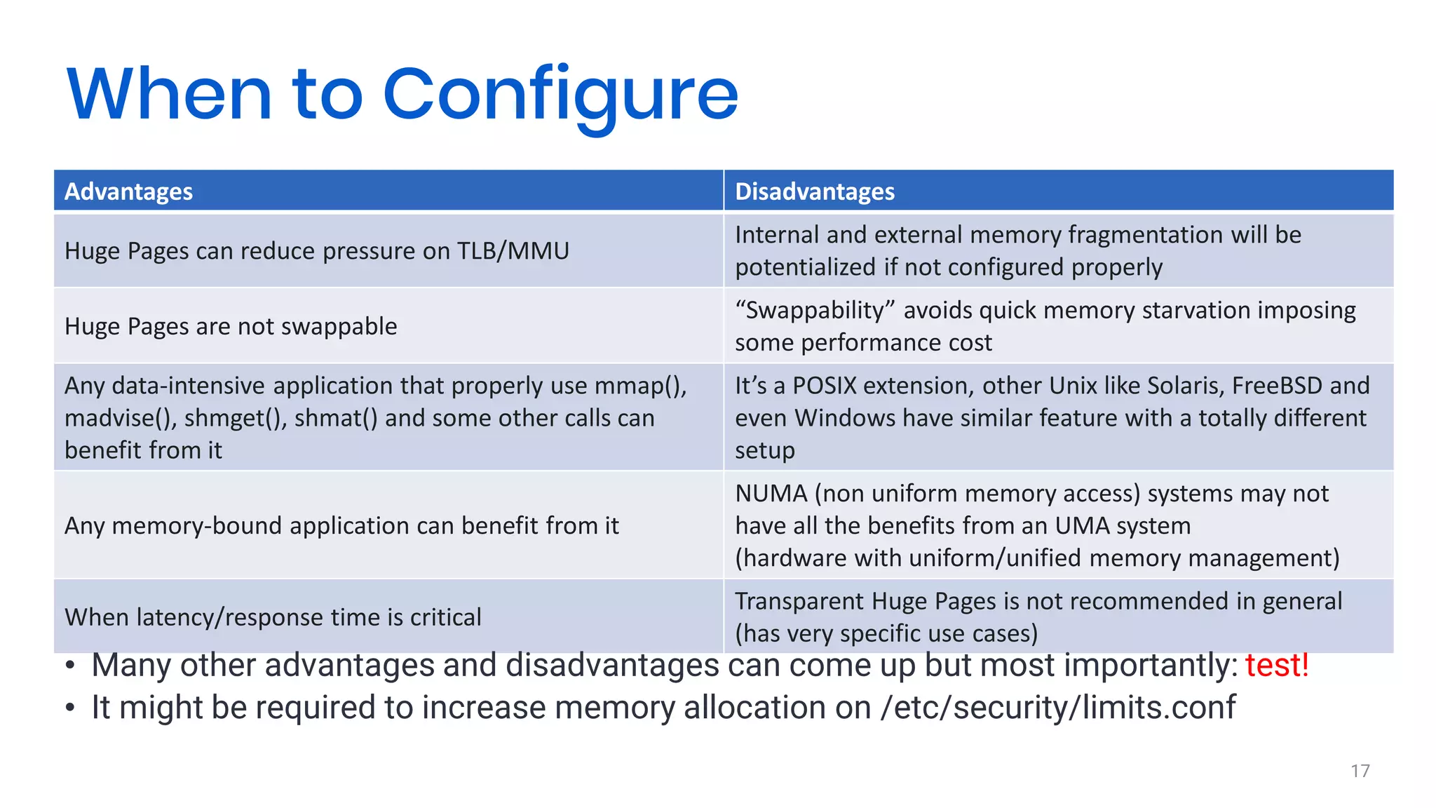 17
When to Configure
Advantages Disadvantages
Huge Pages can reduce pressure on TLB/MMU
Internal and external memory fragmentation will be
potentialized if not configured properly
Huge Pages are not swappable
“Swappability” avoids quick memory starvation imposing
some performance cost
Any data-intensive application that properly use mmap(),
madvise(), shmget(), shmat() and some other calls can
benefit from it
It’s a POSIX extension, other Unix like Solaris, FreeBSD and
even Windows have similar feature with a totally different
setup
Any memory-bound application can benefit from it
NUMA (non uniform memory access) systems may not
have all the benefits from an UMA system
(hardware with uniform/unified memory management)
When latency/response time is critical
Transparent Huge Pages is not recommended in general
(has very specific use cases)
• Many other advantages and disadvantages can come up but most importantly: test!
• It might be required to increase memory allocation on /etc/security/limits.conf
 