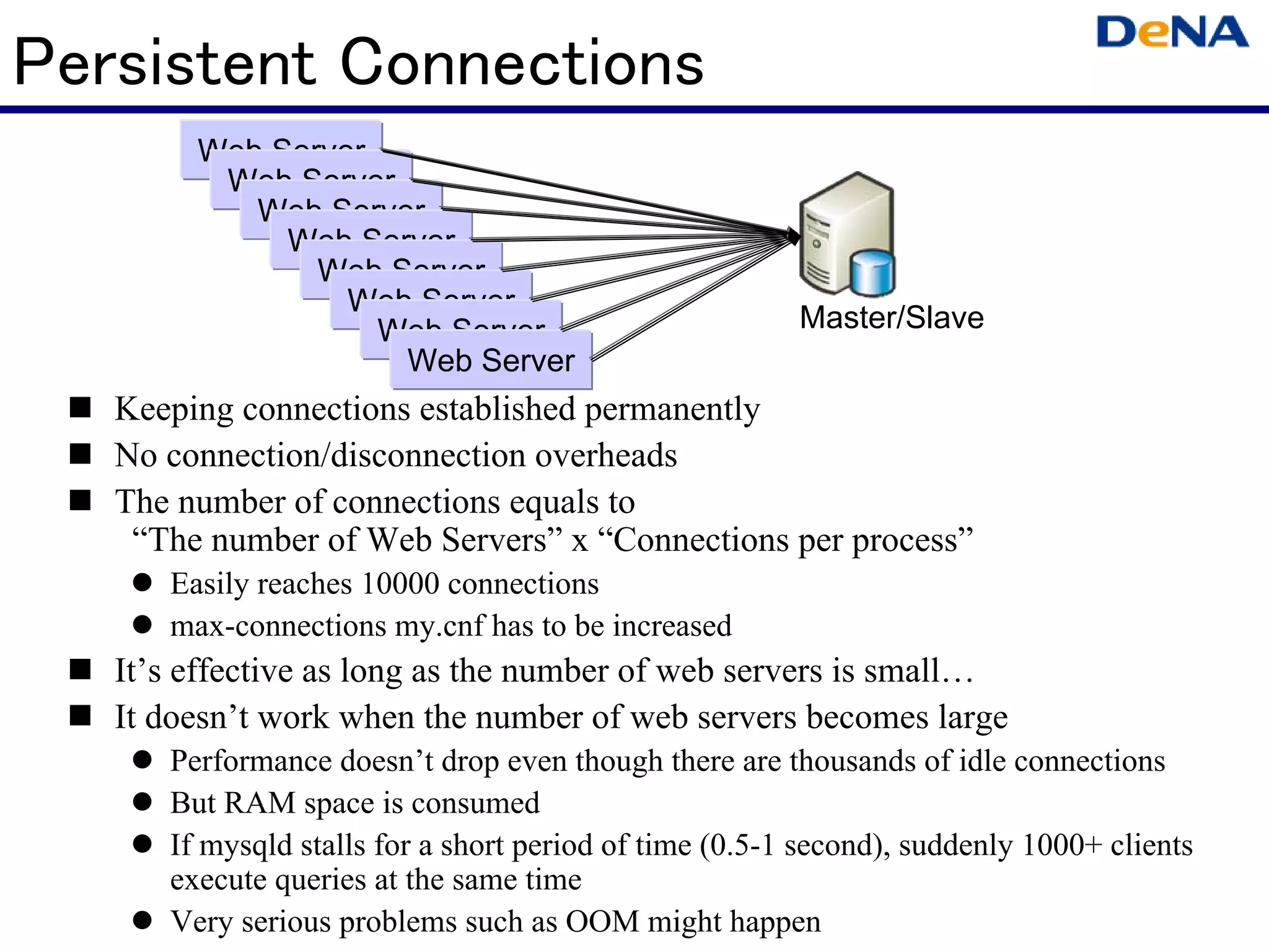 Persistent Connections
        Web Server
         Web Server
           Web Server
             Web Server
               Web Server
                 Web Server
                   Web Server                           Master/Slave
                    Web Server
   Keeping connections established permanently
   No connection/disconnection overheads
   The number of connections equals to
    “The number of Web Servers” x “Connections per process”
      Easily reaches 10000 connections
      max-connections my.cnf has to be increased
   It’s effective as long as the number of web servers is small…
   It doesn’t work when the number of web servers becomes large
      Performance doesn’t drop even though there are thousands of idle connections
      But RAM space is consumed
      If mysqld stalls for a short period of time (0.5-1 second), suddenly 1000+ clients
      execute queries at the same time
      Very serious problems such as OOM might happen
 