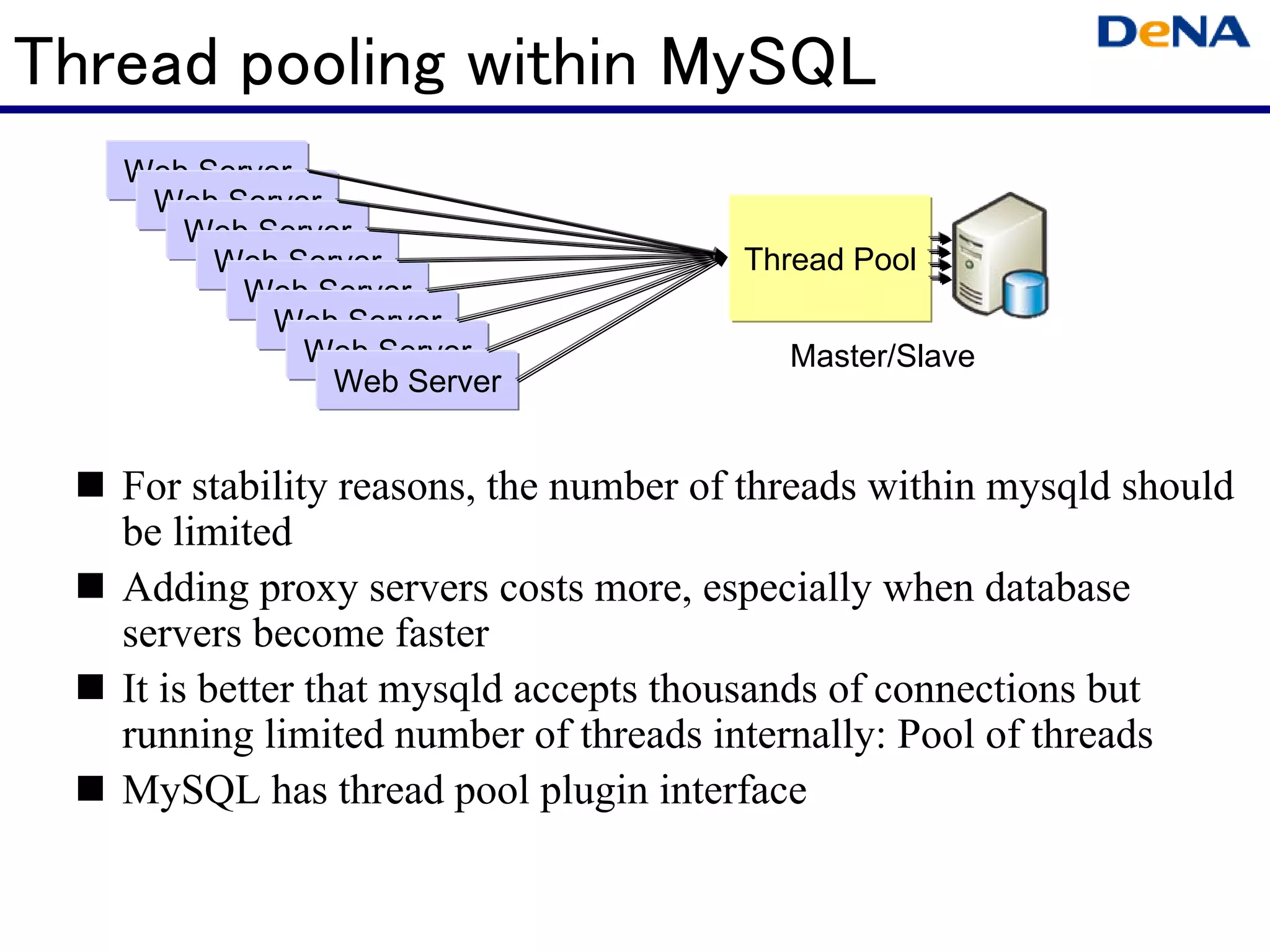 Thread pooling within MySQL
   Web Server
    Web Server
      Web Server
        Web Server                     Thread Pool
          Web Server
            Web Server
              Web Server                  Master/Slave
               Web Server


   For stability reasons, the number of threads within mysqld should
   be limited
   Adding proxy servers costs more, especially when database
   servers become faster
   It is better that mysqld accepts thousands of connections but
   running limited number of threads internally: Pool of threads
   MySQL has thread pool plugin interface
 