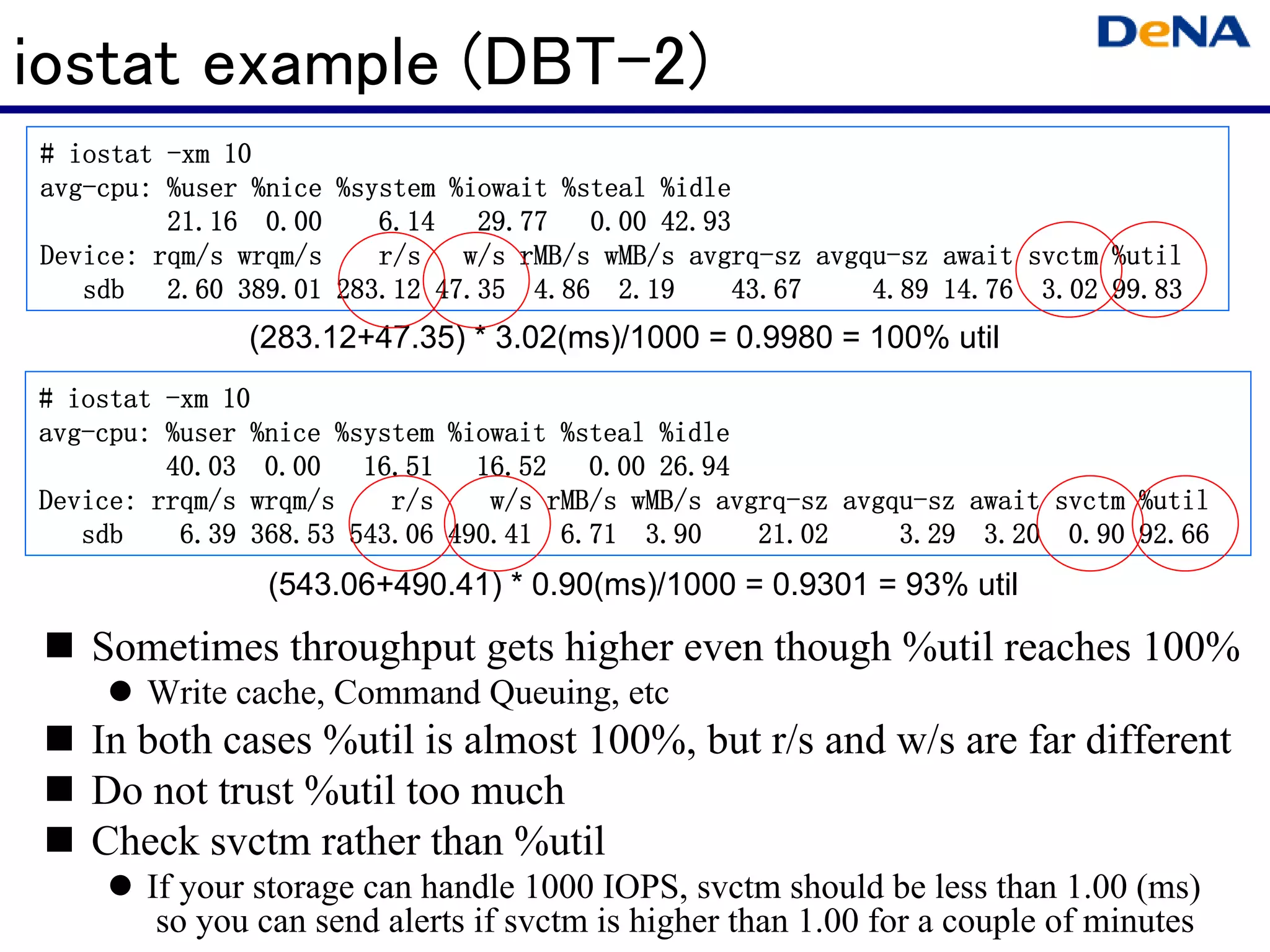 iostat example (DBT-2)
# iostat -xm 10
avg-cpu:
avg-cpu: %user %nice %system %iowait %steal %idle
                             %iowait
         21.16 0.00     6.14 29.77     0.00 42.93
Device: rqm/s wrqm/s    r/s w/s rMB/s wMB/s avgrq-sz avgqu-sz await svctm %util
                                              avgrq- avgqu-
   sdb   2.60 389.01 283.12 47.35 4.86 2.19      43.67   4.89 14.76 3.02 99.83
              (283.12+47.35) * 3.02(ms)/1000 = 0.9980 = 100% util
# iostat -xm 10
avg-cpu:
avg-cpu: %user %nice %system %iowait %steal %idle
                             %iowait
         40.03 0.00    16.51 16.52     0.00 26.94
Device: rrqm/s wrqm/s    r/s                    avgrq- avgqu-
                                w/s rMB/s wMB/s avgrq-sz avgqu-sz await svctm %util
   sdb    6.39 368.53 543.06 490.41 6.71 3.90      21.02     3.29 3.20 0.90 92.66
                                                                   3.20
                (543.06+490.41) * 0.90(ms)/1000 = 0.9301 = 93% util

   Sometimes throughput gets higher even though %util reaches 100%
       Write cache, Command Queuing, etc
   In both cases %util is almost 100%, but r/s and w/s are far different
   Do not trust %util too much
   Check svctm rather than %util
       If your storage can handle 1000 IOPS, svctm should be less than 1.00 (ms)
        so you can send alerts if svctm is higher than 1.00 for a couple of minutes
 