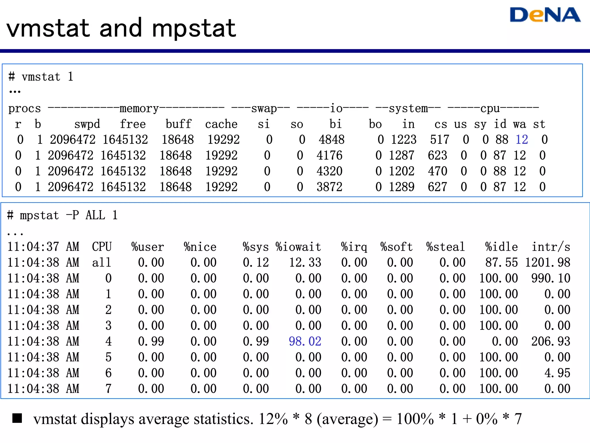 vmstat and mpstat
# vmstat 1
…
procs -----------memory---------- ---swap-- -----io---- --system-- -----cpu------
      -----------memory
                 memory---------- ---swap -----io
                                     swap--      io---- --system-- -----cpu
                                                          system         cpu------
 r b      swpd   free   buff cache    si so      bi    bo in      cs us sy id wa st
 0 1 2096472 1645132 18648 19292       0    0 4848               517
                                                        0 1223 517 0 0 88 12 0
 0 1 2096472 1645132 18648 19292       0    0 4176      0 1287 623 0 0 87 12 0
 0 1 2096472 1645132 18648 19292       0    0 4320      0 1202 470 0 0 88 12 0
 0 1 2096472 1645132 18648 19292       0    0 3872      0 1289 627 0 0 87 12 0

# mpstat   -P ALL 1
...
11:04:37   AM CPU     %user   %nice   %sys %iowait   %irq %soft %steal    %idle    intr/s
11:04:38   AM all      0.00    0.00   0.12 12.33     0.00 0.00    0.00    87.55   1201.98
11:04:38   AM   0      0.00    0.00   0.00    0.00   0.00 0.00    0.00   100.00    990.10
11:04:38   AM   1      0.00    0.00   0.00    0.00   0.00 0.00    0.00   100.00      0.00
11:04:38   AM   2      0.00    0.00   0.00    0.00   0.00 0.00    0.00   100.00      0.00
11:04:38   AM   3      0.00    0.00   0.00    0.00   0.00 0.00    0.00   100.00      0.00
11:04:38   AM   4      0.99    0.00   0.99 98.02     0.00 0.00    0.00     0.00    206.93
11:04:38   AM   5      0.00    0.00   0.00    0.00   0.00 0.00    0.00   100.00      0.00
11:04:38   AM   6      0.00    0.00   0.00    0.00   0.00 0.00    0.00   100.00      4.95
11:04:38   AM   7      0.00    0.00   0.00    0.00   0.00 0.00    0.00   100.00      0.00

   vmstat displays average statistics. 12% * 8 (average) = 100% * 1 + 0% * 7
 