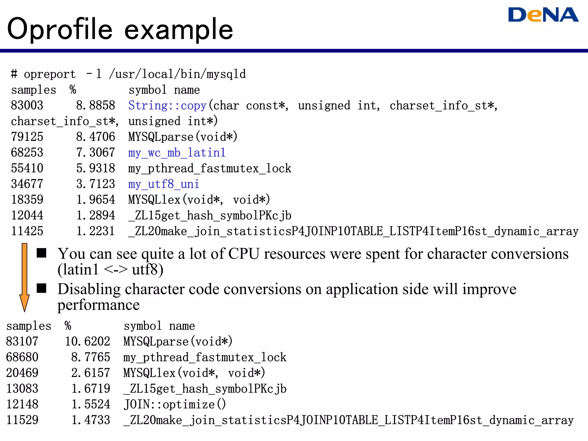 Oprofile example
               /usr/local/bin/mysqld
# opreport –l /usr/local/bin/mysqld
samples %         symbol name
83003             String::copy(char                  int, charset_info_st*,
          8.8858 String::copy(char const*, unsigned int, charset_info_st*,
charset_info_st*,          int*)
charset_info_st*, unsigned int*)
79125     8.4706 MYSQLparse(void*)
                  MYSQLparse(void*)
68253     7.3067 my_wc_mb_latin1
55410     5.9318 my_pthread_fastmutex_lock
34677     3.7123 my_utf8_uni
18359             MYSQLlex(void*,
          1.9654 MYSQLlex(void*, void*)
12044     1.2894 _ZL15get_hash_symbolPKcjb
11425             _ZL20make_join_statisticsP4JOINP10TABLE_LISTP4ItemP16st_dynamic_array
          1.2231 _ZL20make_join_statisticsP4JOINP10TABLE_LISTP4ItemP16st_dynamic_array
       You can see quite a lot of CPU resources were spent for character conversions
       (latin1 <-> utf8)
       Disabling character code conversions on application side will improve
       performance
samples %       symbol name
83107           MYSQLparse(void*)
        10.6202 MYSQLparse(void*)
68680    8.7765 my_pthread_fastmutex_lock
20469           MYSQLlex(void*,
         2.6157 MYSQLlex(void*, void*)
13083    1.6719 _ZL15get_hash_symbolPKcjb
12148           JOIN::optimize()
         1.5524 JOIN::optimize()
11529           _ZL20make_join_statisticsP4JOINP10TABLE_LISTP4ItemP16st_dynamic_array
         1.4733 _ZL20make_join_statisticsP4JOINP10TABLE_LISTP4ItemP16st_dynamic_array
 
