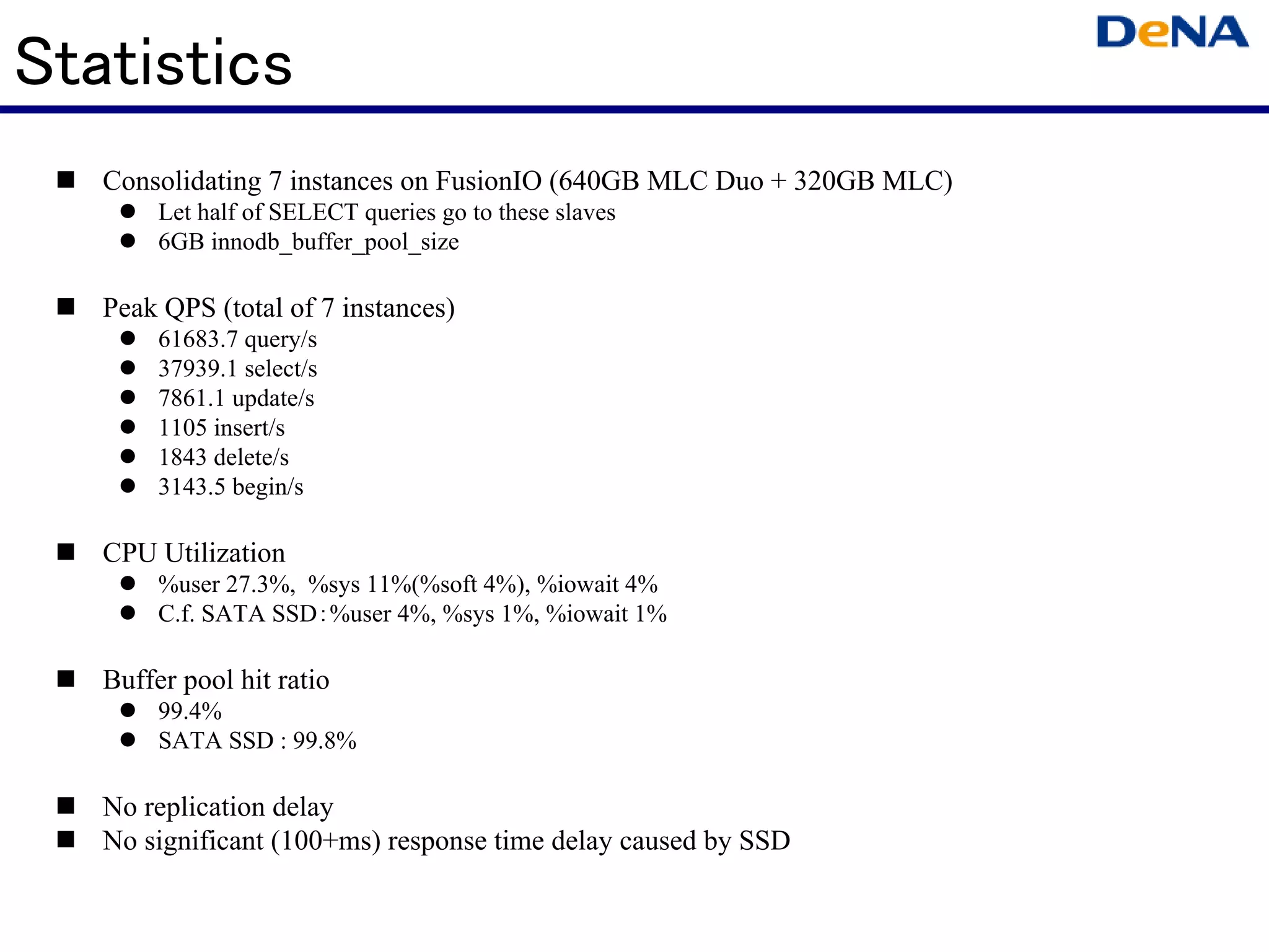 Statistics
   Consolidating 7 instances on FusionIO (640GB MLC Duo + 320GB MLC)
        Let half of SELECT queries go to these slaves
        6GB innodb_buffer_pool_size

   Peak QPS (total of 7 instances)
        61683.7 query/s
        37939.1 select/s
        7861.1 update/s
        1105 insert/s
        1843 delete/s
        3143.5 begin/s

   CPU Utilization
        %user 27.3%, %sys 11%(%soft 4%), %iowait 4%
        C.f. SATA SSD：%user 4%, %sys 1%, %iowait 1%

   Buffer pool hit ratio
        99.4%
        SATA SSD : 99.8%

   No replication delay
   No significant (100+ms) response time delay caused by SSD
 