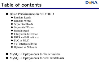 Table of contents
   Basic Performance on SSD/HDD
     Random Reads
     Random Writes
     Sequential Reads
     Sequenti...