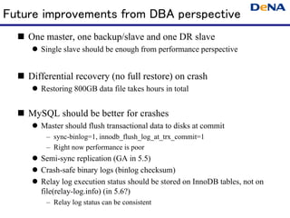 Future improvements from DBA perspective
    One master, one backup/slave and one DR slave
       Single slave should be e...