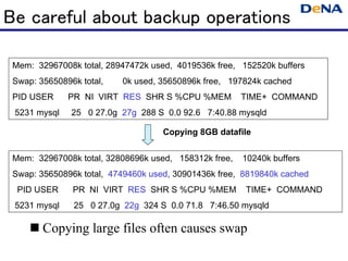 Be careful about backup operations

 Mem: 32967008k total, 28947472k used, 4019536k free, 152520k buffers
 Swap: 35650896k...