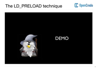 ----------------------------------------------------------------------------------------------------------------------------------------------------------------------------------------------------------------------------------------------------------
---------------------------------------------------------------------------------------------------------------------------------------------------------------------------------------------------------------------------------------------------------- 18
The LD_PRELOAD technique
DEMO
 