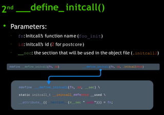 2nd define_ initcall()
●
Parameters:
–
–
–
fn:Initcall’
s function name (foo_init)
id:initcall’s id (2 for postcore)
sec: the section that will be used in the object file (.initcall2)
 