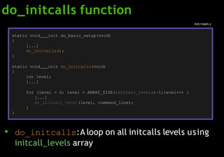 do_initcalls function
● do_initcalls:A loop on all initcalls levels using
initcall_levels array
static void init do_basic_setup(void)
{
[...]
do_initcalls();
}
static void init do_initcalls(void)
{
int level;
[...]
for (level = 0; level < ARRAY_SIZE(initcall_levels)–1;level++) {
[...]
do_initcall_level(level, command_line);
}
}
init/main.c
 