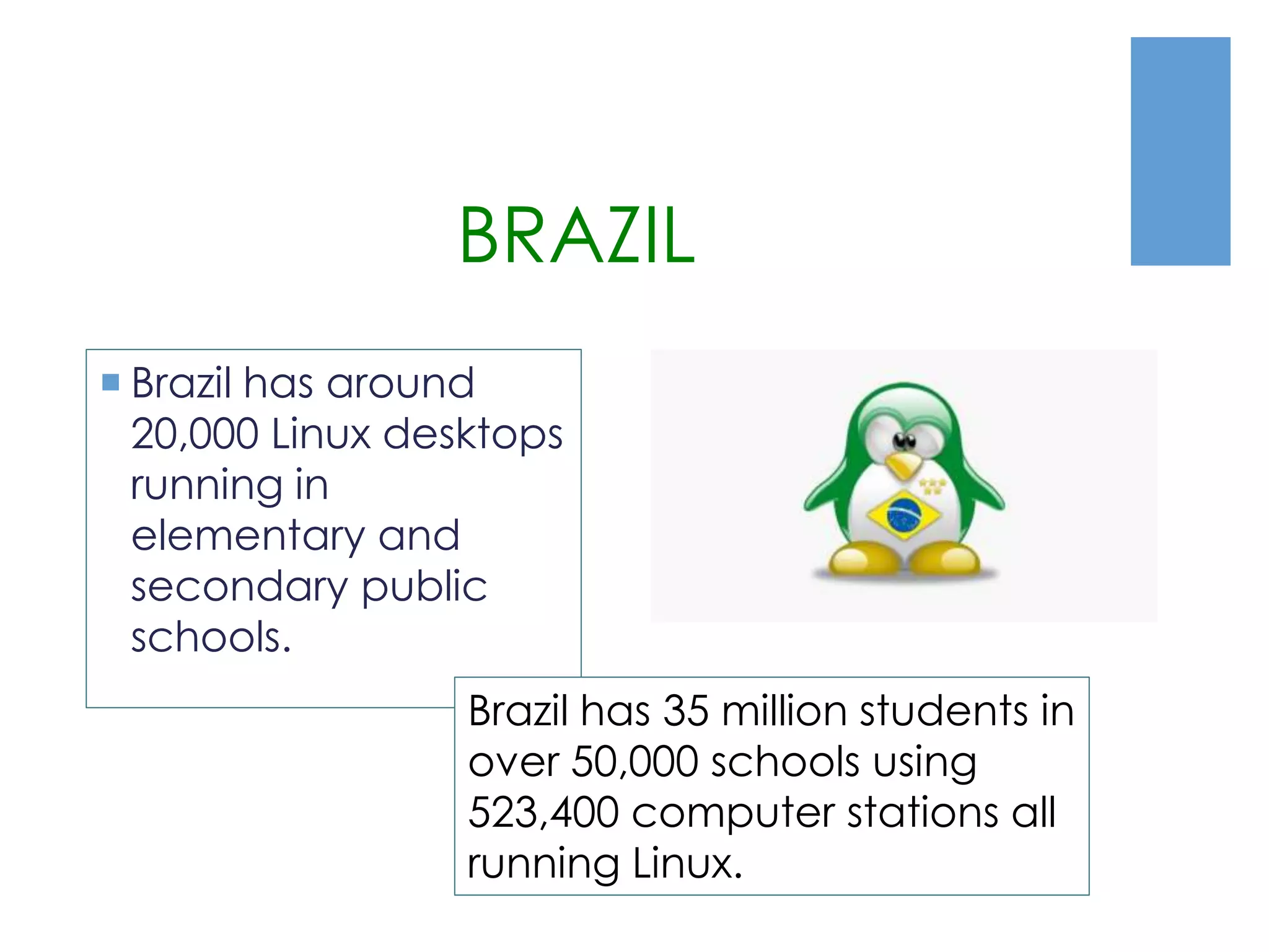 BRAZIL
 Brazil has around
20,000 Linux desktops
running in
elementary and
secondary public
schools.
Brazil has 35 million students in
over 50,000 schools using
523,400 computer stations all
running Linux.
 