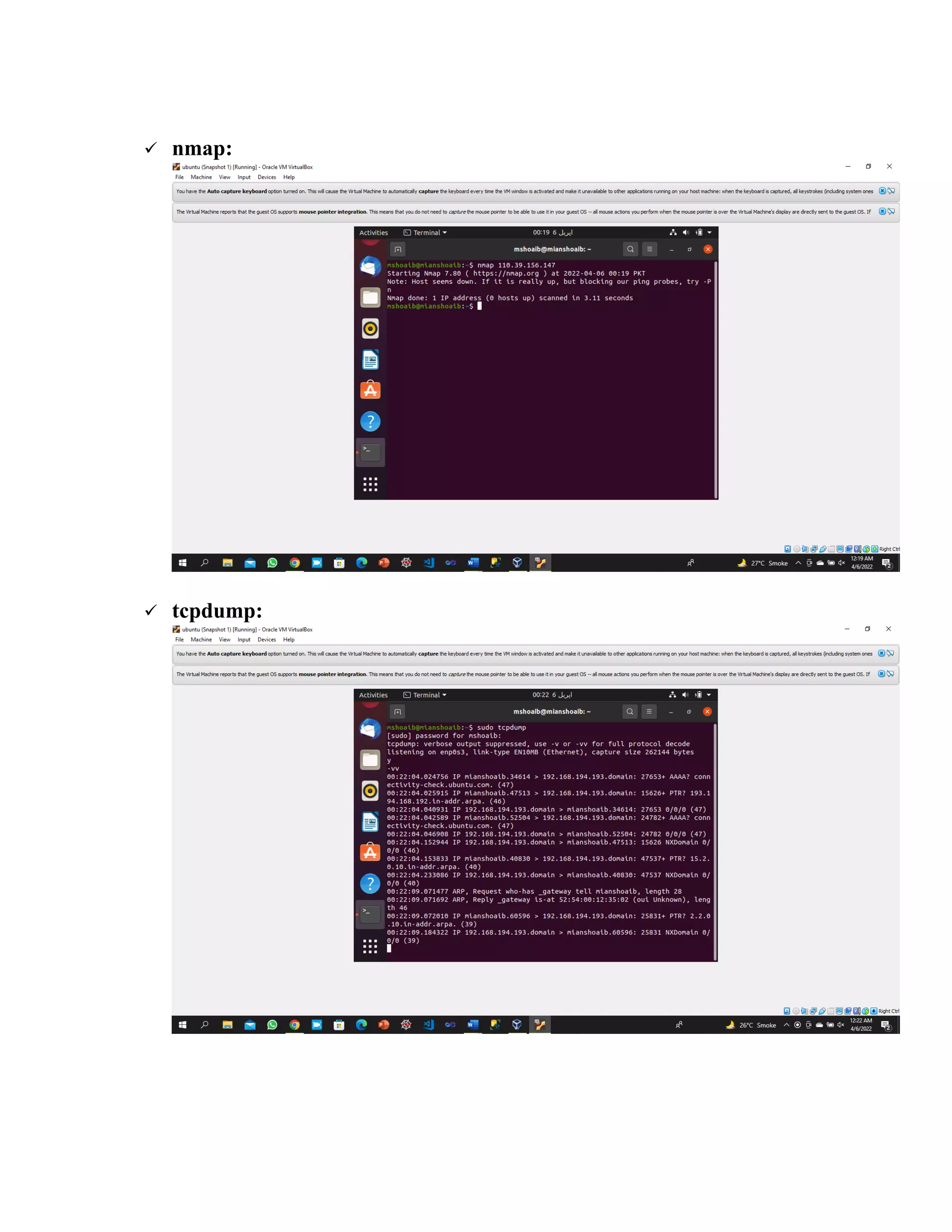 ✓ nmap:
✓ tcpdump:
 