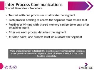 Inter Process Communications
Shared Memories - Procedure
● To start with one process must allocate the segment
●
Each process desiring to access the segment must attach to it
●
Reading or Writing with shared memory can be done only after
attaching into it
●
After use each process detaches the segment
●
At some point, one process must de-allocate the segment
While shared memory is fastest IPC, it will create synchronization issues as
more processes are accessing same piece of memory. Hence it has to be
handled separately.
 