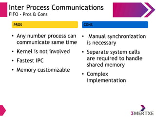 Inter Process Communications
FIFO - Pros & Cons
PROS
● Any number process can
communicate same time
● Kernel is not involved
● Fastest IPC
● Memory customizable
● Manual synchronization
is necessary
● Separate system calls
are required to handle
shared memory
● Complex
implementation
CONS
 