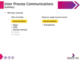 Inter Process Communications
Summary
●
We have covered
Communication Synchronization
●
Pipes
●
FIFO
● Shared memory
● Signals
● Sockets
● Semaphores
Data exchange Resource usage/access/control
 