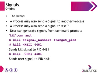 Signals
Origins
●
The kernel
●
A Process may also send a Signal to another Process
●
A Process may also send a Signal to itself
●
User can generate signals from command prompt:
‘kill’ command:
$ kill <signal_number> <target_pid>
$ kill –KILL 4481
Sends kill signal to PID 4481
$ kill –USR1 4481
Sends user signal to PID 4481
 