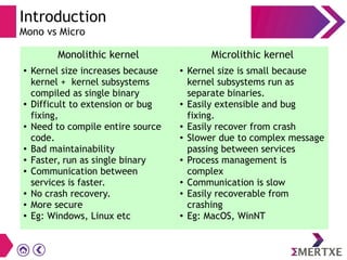 Introduction
Mono vs Micro
Monolithic kernel Microlithic kernel
● Kernel size increases because
kernel + kernel subsystems
compiled as single binary
● Difficult to extension or bug
fixing,
● Need to compile entire source
code.
● Bad maintainability
● Faster, run as single binary
● Communication between
services is faster.
● No crash recovery.
● More secure
● Eg: Windows, Linux etc
● Kernel size is small because
kernel subsystems run as
separate binaries.
● Easily extensible and bug
fixing.
● Easily recover from crash
● Slower due to complex message
passing between services
● Process management is
complex
● Communication is slow
● Easily recoverable from
crashing
● Eg: MacOS, WinNT
 
