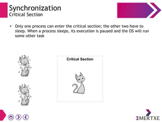 Synchronization
Critical Section
●
Only one process can enter the critical section; the other two have to
sleep. When a process sleeps, its execution is paused and the OS will run
some other task
Critical Section
 
