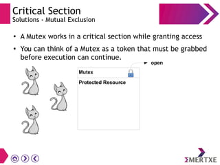 Critical Section
Solutions - Mutual Exclusion
●
A Mutex works in a critical section while granting access
●
You can think of a Mutex as a token that must be grabbed
before execution can continue.
Mutex
Protected Resource
open
 