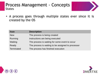 Process Management - Concepts
States
●
A process goes through multiple states ever since it is
created by the OS
State Description
New The process is being created
Running Instructions are being executed
Waiting The process is waiting for some event to occur
Ready The process is waiting to be assigned to processor
Terminated The process has finished execution
 