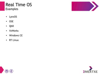 Real Time OS
Examples
●
LynxOS
●
OSE
●
QNX
●
VxWorks
●
Windows CE
●
RT Linux
 