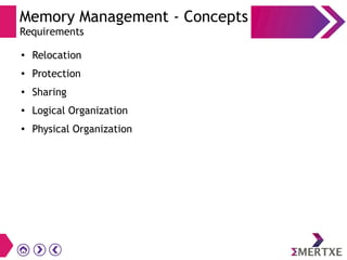Memory Management - Concepts
Requirements
●
Relocation
● Protection
●
Sharing
● Logical Organization
● Physical Organization
 