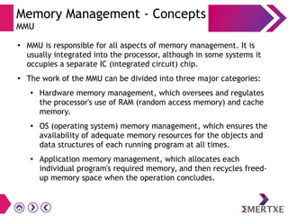 Memory Management - Concepts
MMU
● MMU is responsible for all aspects of memory management. It is
usually integrated into the processor, although in some systems it
occupies a separate IC (integrated circuit) chip.
● The work of the MMU can be divided into three major categories:
● Hardware memory management, which oversees and regulates
the processor's use of RAM (random access memory) and cache
memory.
● OS (operating system) memory management, which ensures the
availability of adequate memory resources for the objects and
data structures of each running program at all times.
● Application memory management, which allocates each
individual program's required memory, and then recycles freed-
up memory space when the operation concludes.
 