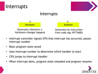 Interrupts
●
Interrupt controller signals CPU that interrupt has occurred, passes
interrupt number
● Basic program state saved
● Uses interrupt number to determine which handler to start
● CPU jumps to interrupt handler
●
When interrupt done, program state reloaded and program resumes
Generates whenever a
Hardware changes happens
Generates by instruction
from code (eg: INT 0x80)
Hardware Software
Interrupts
 